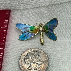 Vtg. Gold-Tone Blue and Green Capiz Shell Wings Dragonfly Brooch.